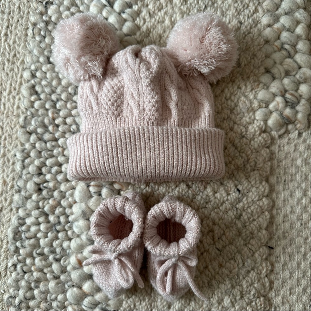 Cozy Pink Knit Pom-pom Hat and Booties Set